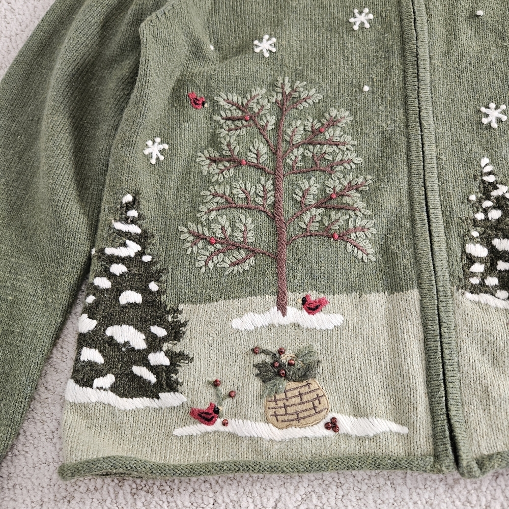Christmas Holiday Cardigan Green Needlepoint Winter Festive Zip Womens L - Picture 9 of 9